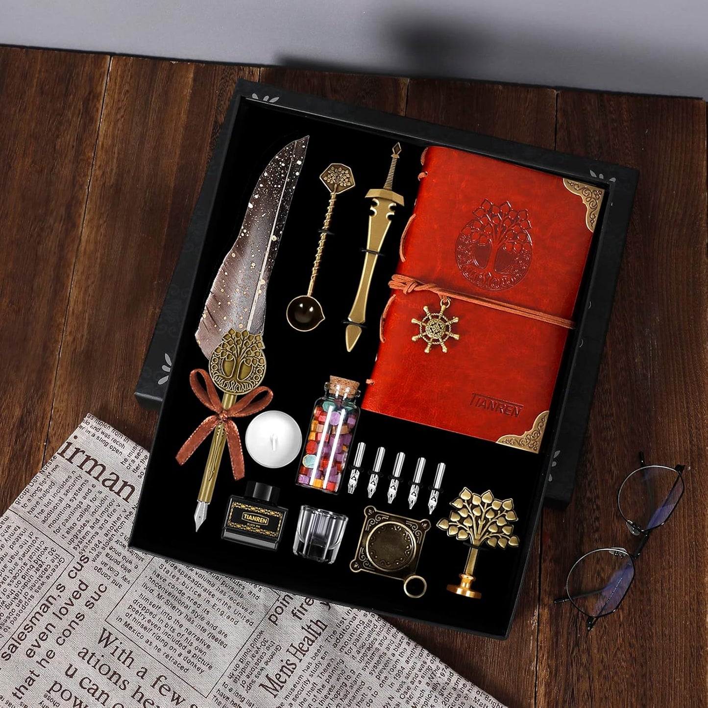 Feather Dip Pen and Ink Set,quill pen ink set,Antique Calligraphy Pen with 5 Replaceable Nibs,Wax Seal Stamp,Wax Beads &Leather Writing Notebook Christmas Gift for Men&Women.(Grey)