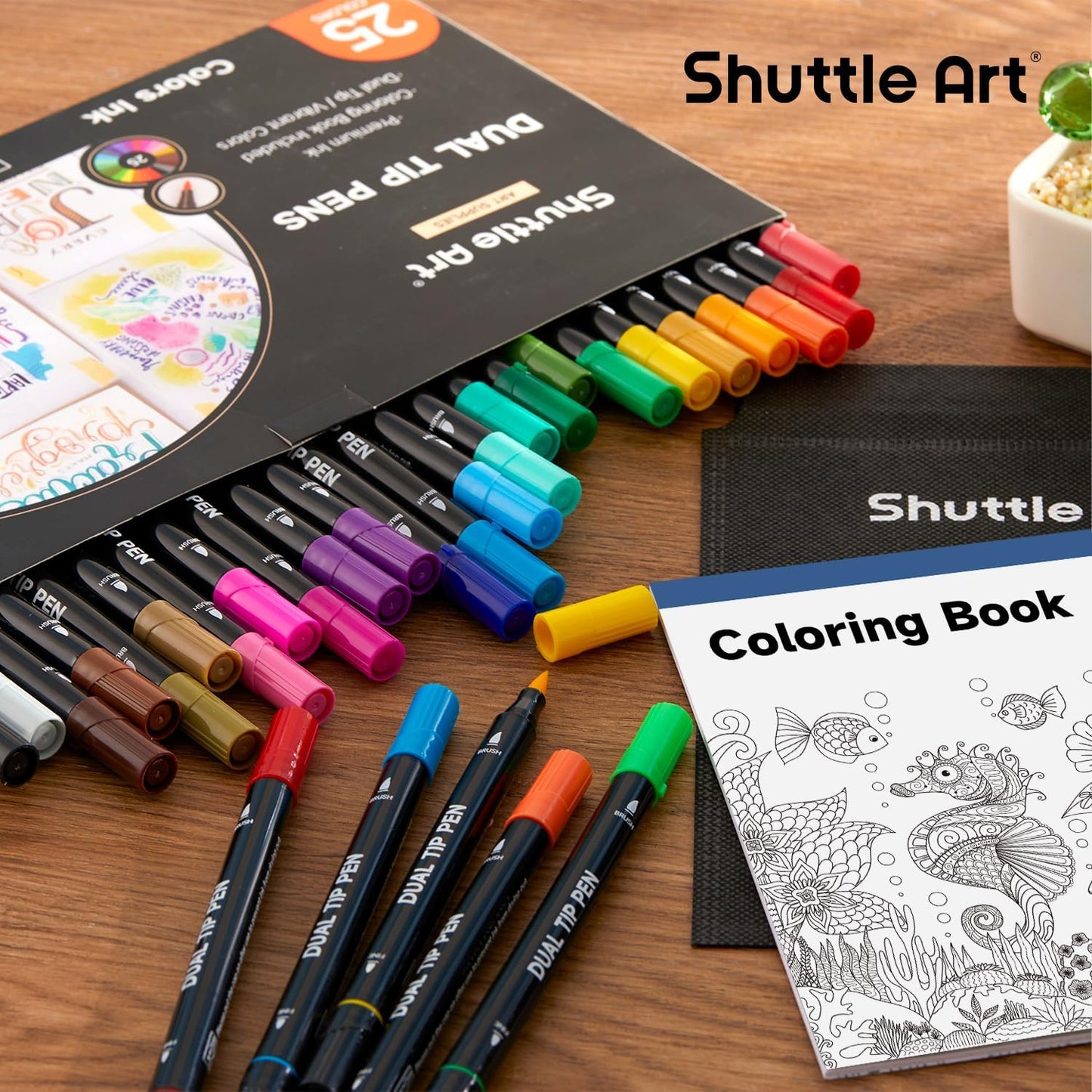 Shuttle Art Dual Tip Brush Marker Pens, 25 Colors Water-based Ink, Fine and Brush Tip Marker Set with 1 Coloring Book for Kids Adult Artist Calligraphy Hand Lettering Journal Doodling Writing