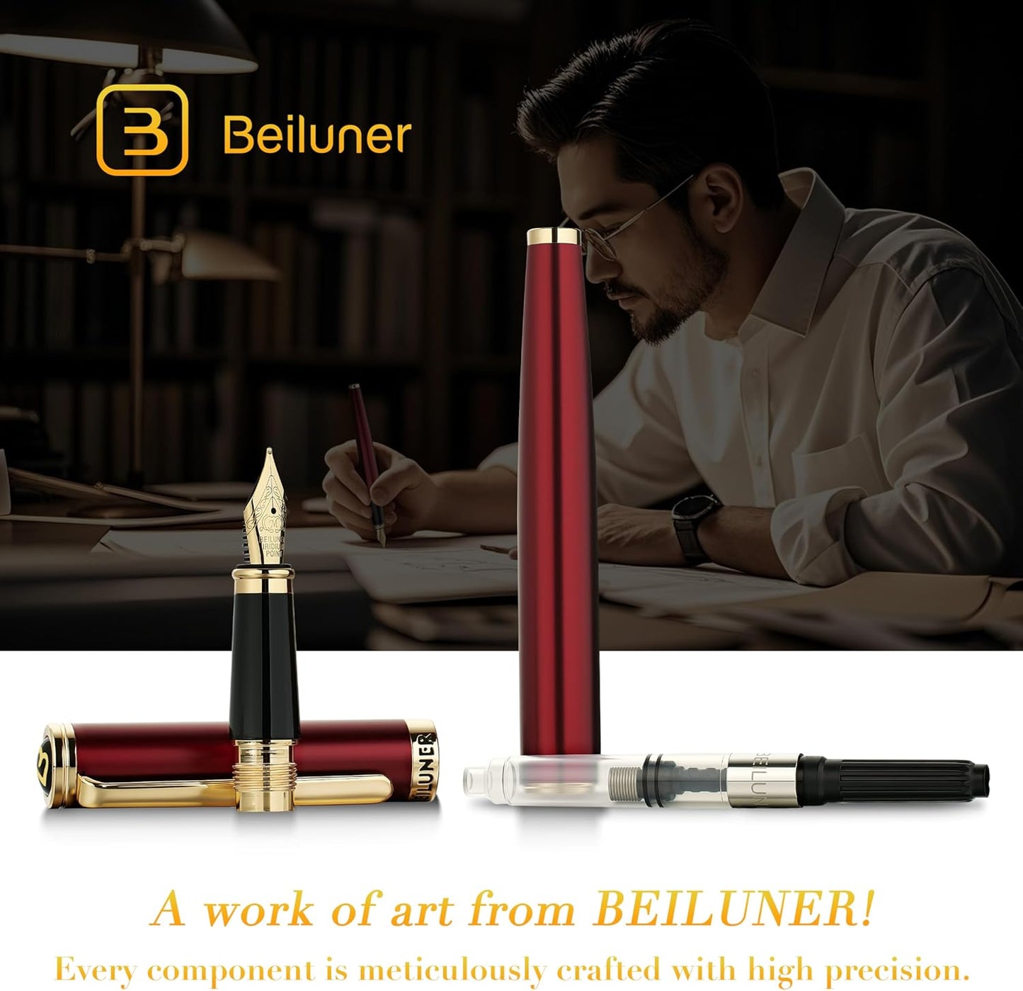 BEILUNER Red Fountain Pen,Stunning Luxury,24K Gilded Nib(Medium),Gorgeous 24K Gold Finish, Ink Converter,Trustworthy Pen Gift for Men&Women-Elegant,Fancy,Executive,Calligraphy, Nice Pens for Writing