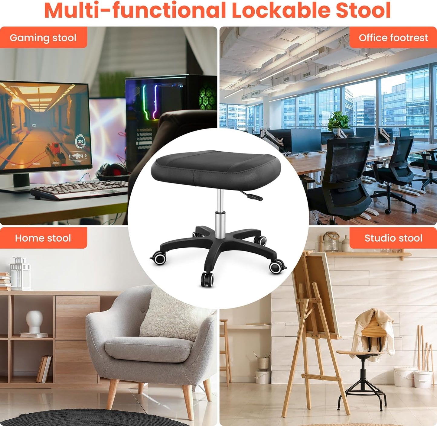 TASALON Multi-Use Footrest Stool Adjustable Height with 360° Rolling Lockable Wheels,Rest Ottoman,Office Footrests,Video Game Stool for Gaming for Home Office- Black