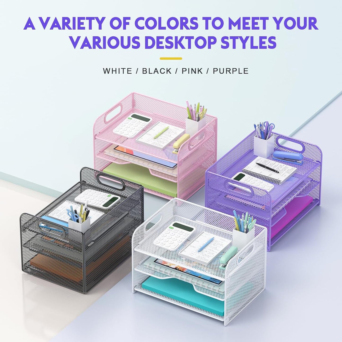 Samstar 3 Tier Purple Letter Tray Paper Organizer with Handle, Mesh Desk Organizer Paper Sorter File Rack Shelves, Purple