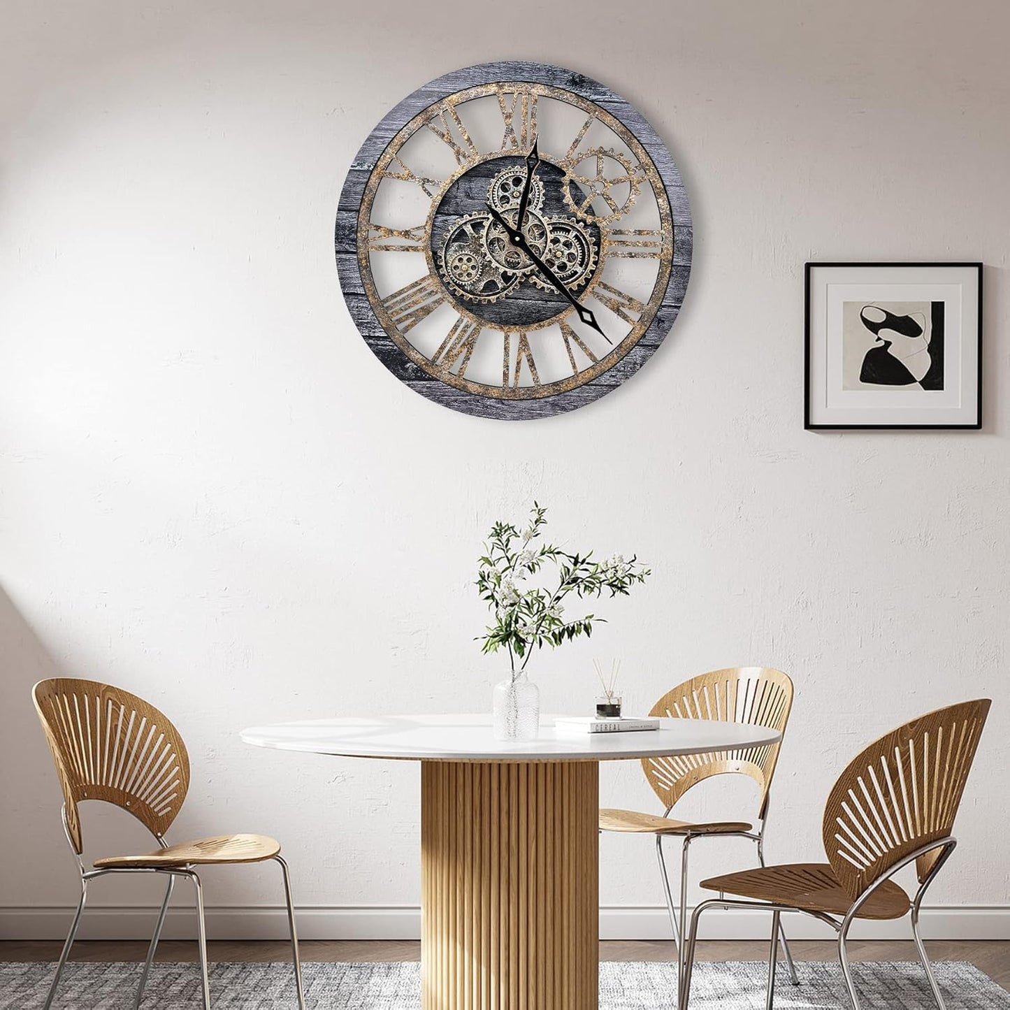 The B-Style Large Wall Clock 24 inch Moving Gear Wall Clock Oversized Vintage Farmhouse Wall Clocks for Living Room Decor Decorative Rustic Industrial Wood Clock (Carbon Gray)