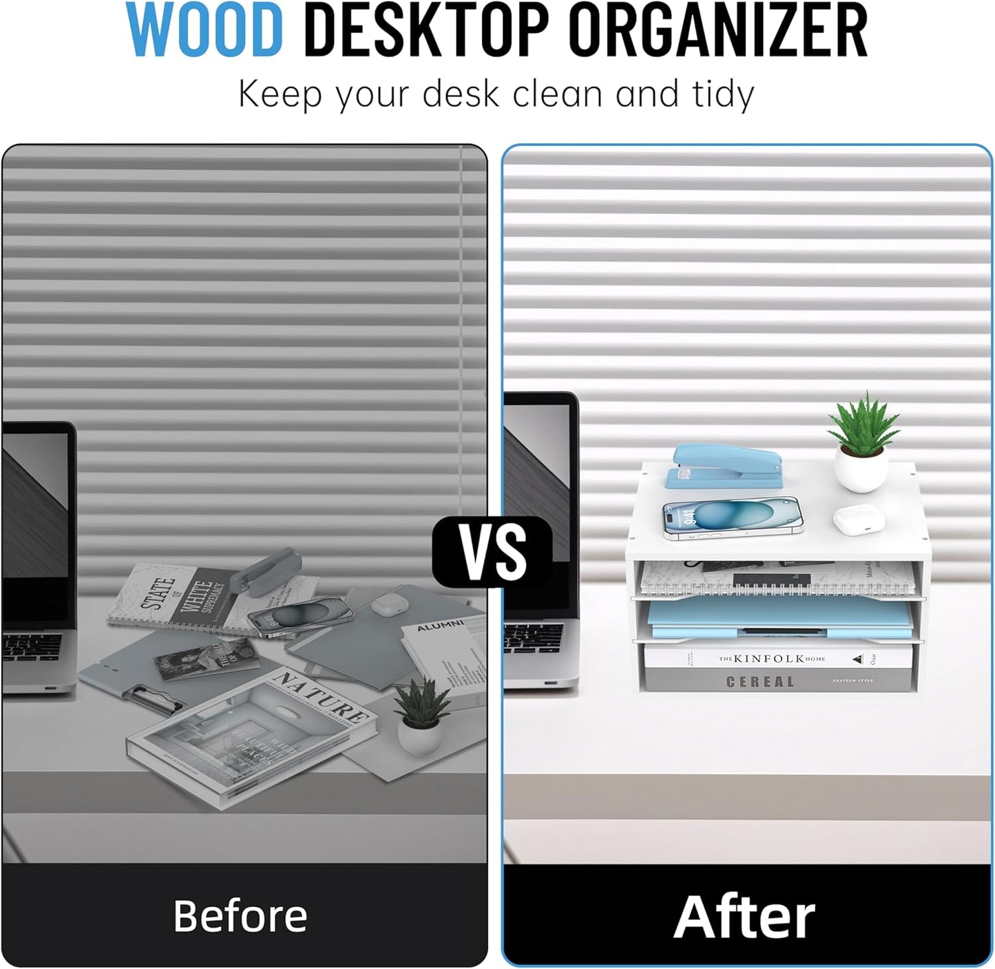 Wood Desk Organizer, 3 Tier Paper Tray Organizer for Desk with Adjustable Storage Shelves, Desktop Paper Sorter Mail Holder for Office Home Classroom, White