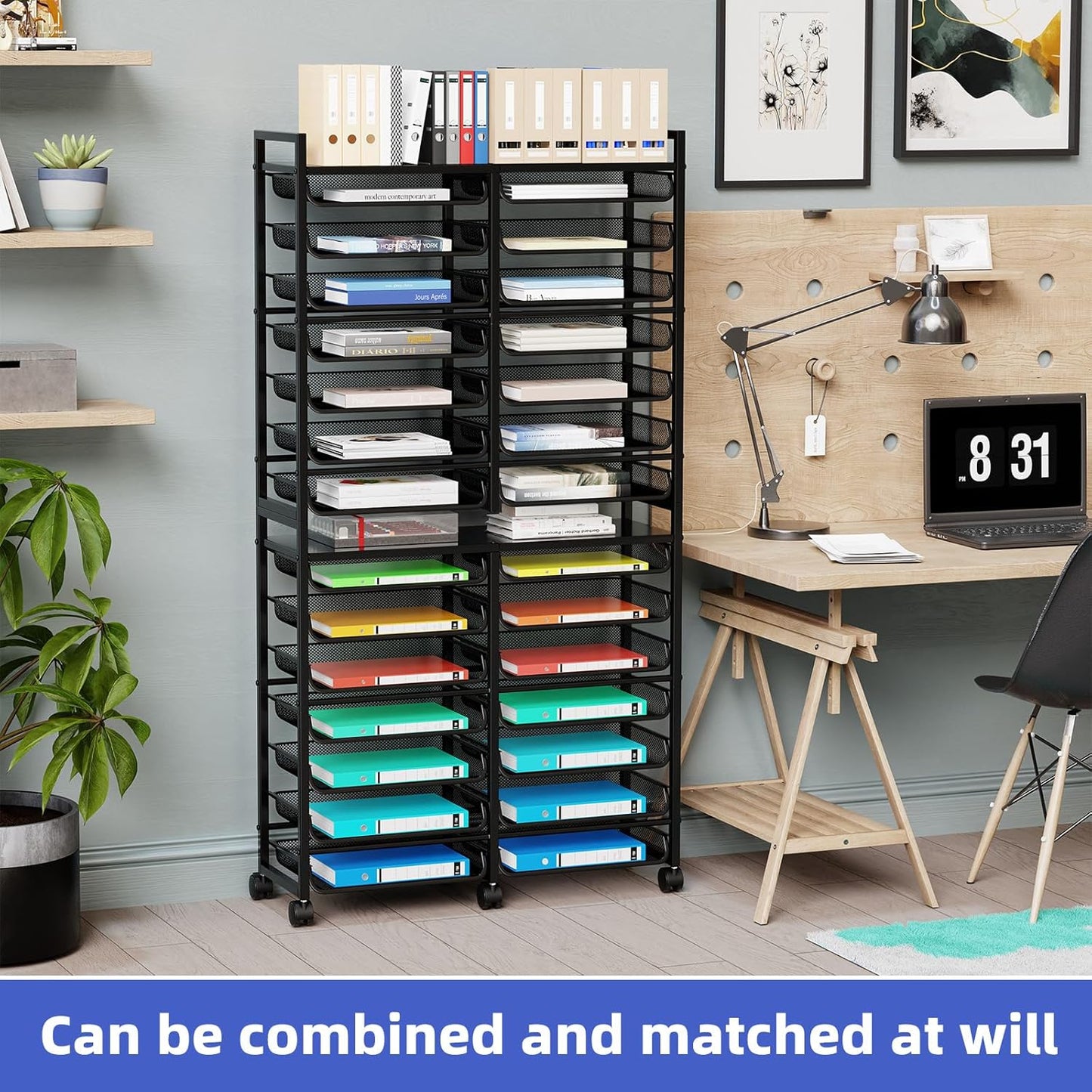 Simple Trending Rolling File Storage Cart, 15-Tier Metal Desk File Organizer with 14 Mesh Sliding Trays, Multi-Functional Clutter Cart for Office Home School, Black