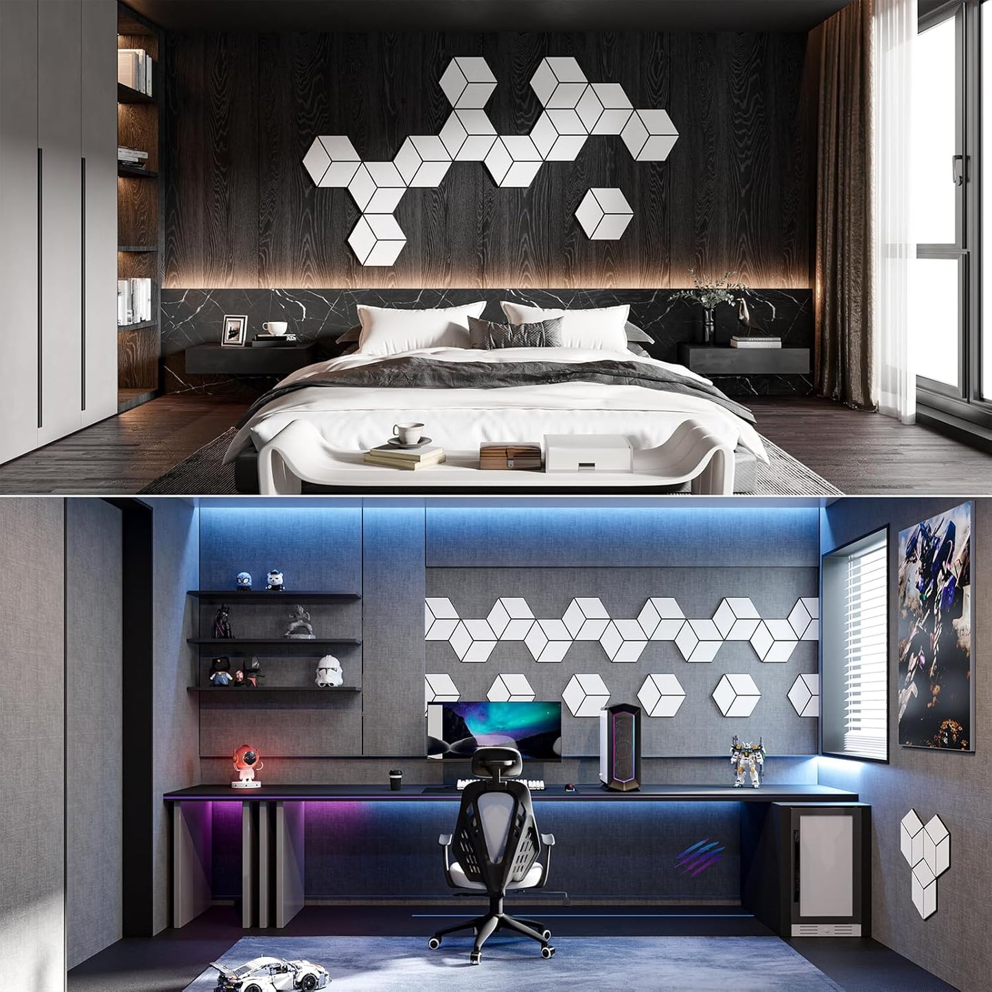 22-Pack Self-Adhesive Acoustic Panels, 12" x 10" x 0.4" – High-Density, Flame-Resistant Soundproof Foam. Absorbs Noise and Eliminates Echoes, Hexagonal 3D Design (White Face)