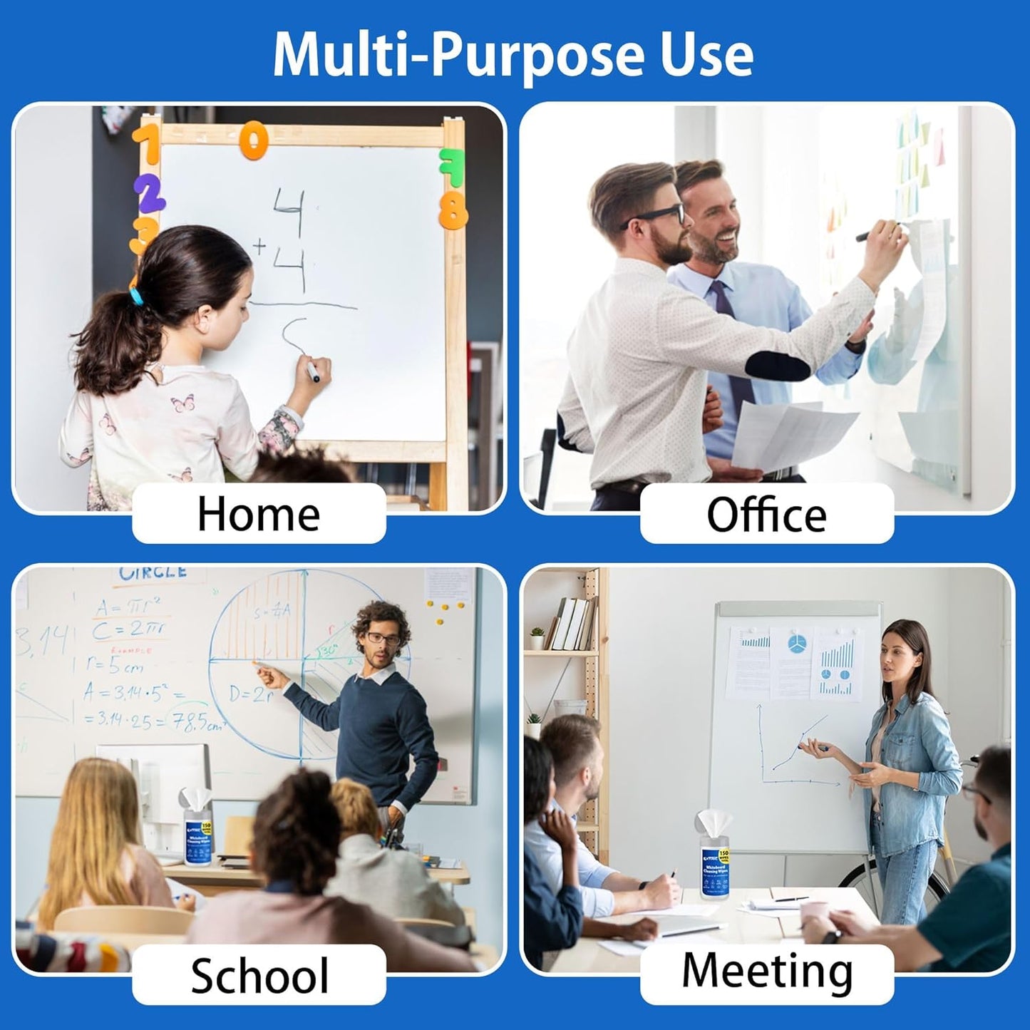 EXTRIC Whiteboard Cleaning Wipes, 150 Count Dry Erase Wipes Pre-Moistened, Non-Toxic, Low Odor White Board Cleaner 75 Per Canister + 75 Refill Pack Ideal for Classroom, School, Office