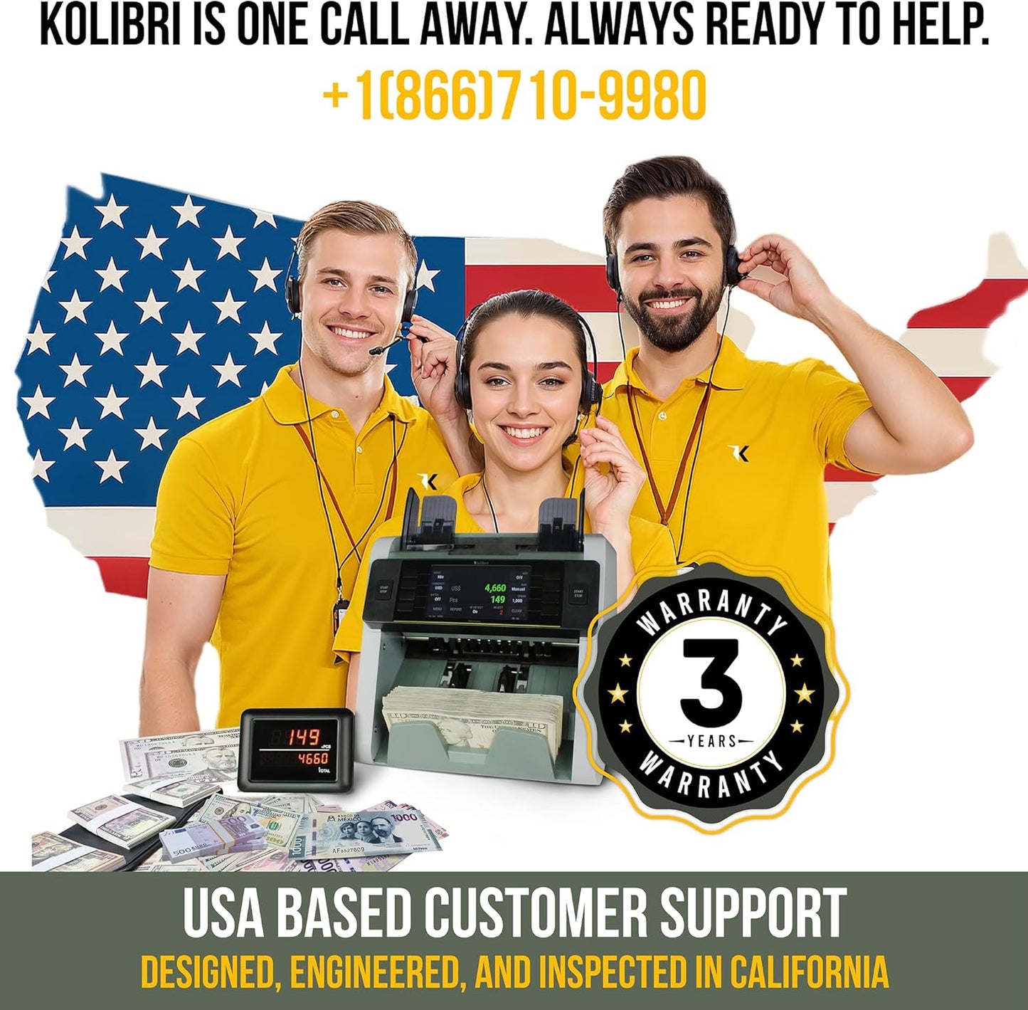 KOLIBRI Money Counter Machine, Advanced Fake Detection & LCD Display | 1,500 Bills per Minute Single-Denomination Cash Counter | Bill Counter Machine (US Customer Support) (B-Domino-V2)
