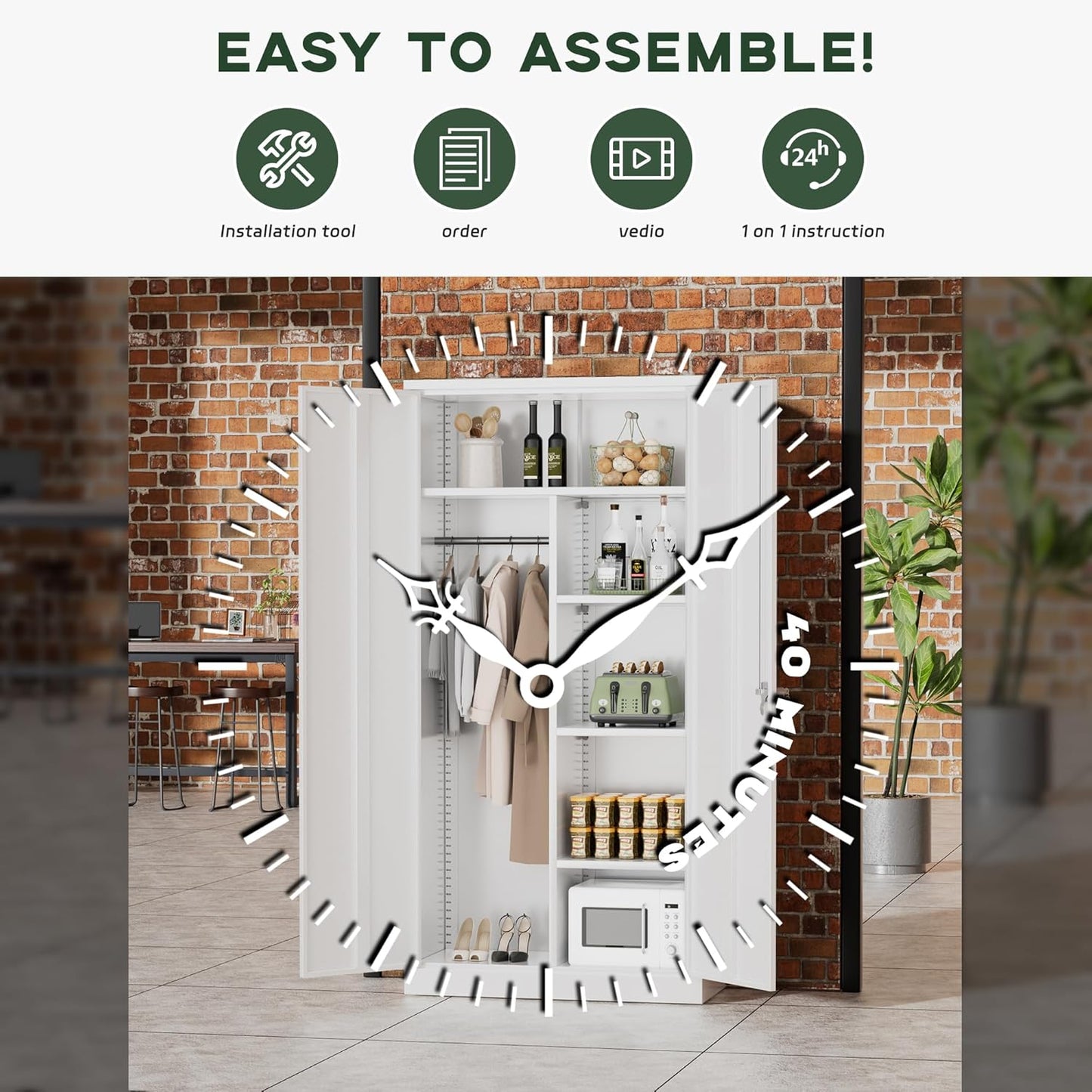 Greenvelly Metal Wardrobe Cabinet with Locking Doors, 72" H x 36" W White Metal Wardrobe Closet Cabinet with Hanging Rods and Adjustable Shelves, Steel Storage Closet for Home, Office, Employee, Gym