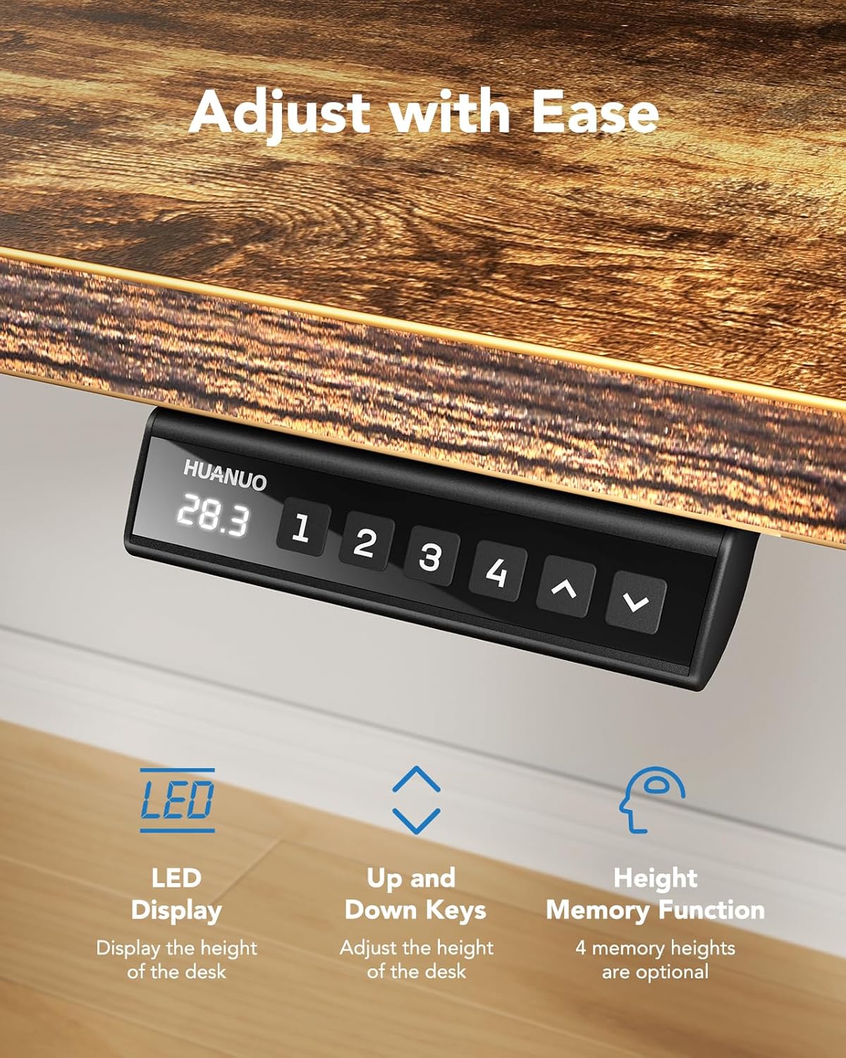 HUANUO Electric Standing Desk, 60" x 24" Whole Piece Desktop, Adjustable Height Computer Desk, 4 Height Memory Settings, Sit Stand Up Desks for Home Office, Vintage