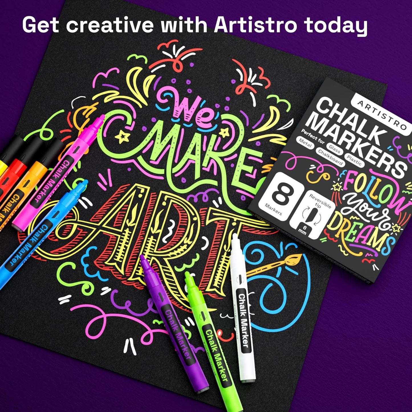 ARTISTRO Liquid Chalk Markers, Erasable, Pre-Activated Medium Tip for Glass or First Day of School Sign, Chalkboard Markers with White Chalk for Kids & Adults (Chisel Tip)