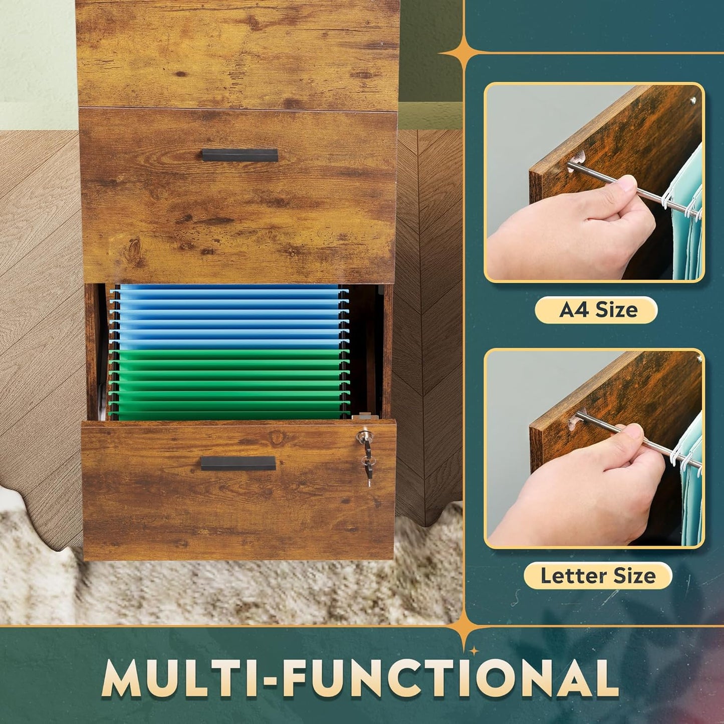 DEVAISE 4 Drawer File Cabinet with Lock, Vertical Filing Cabinet for A4/Letter Size Files, Wood Storage Organizer for Home Office, Rustic Brown