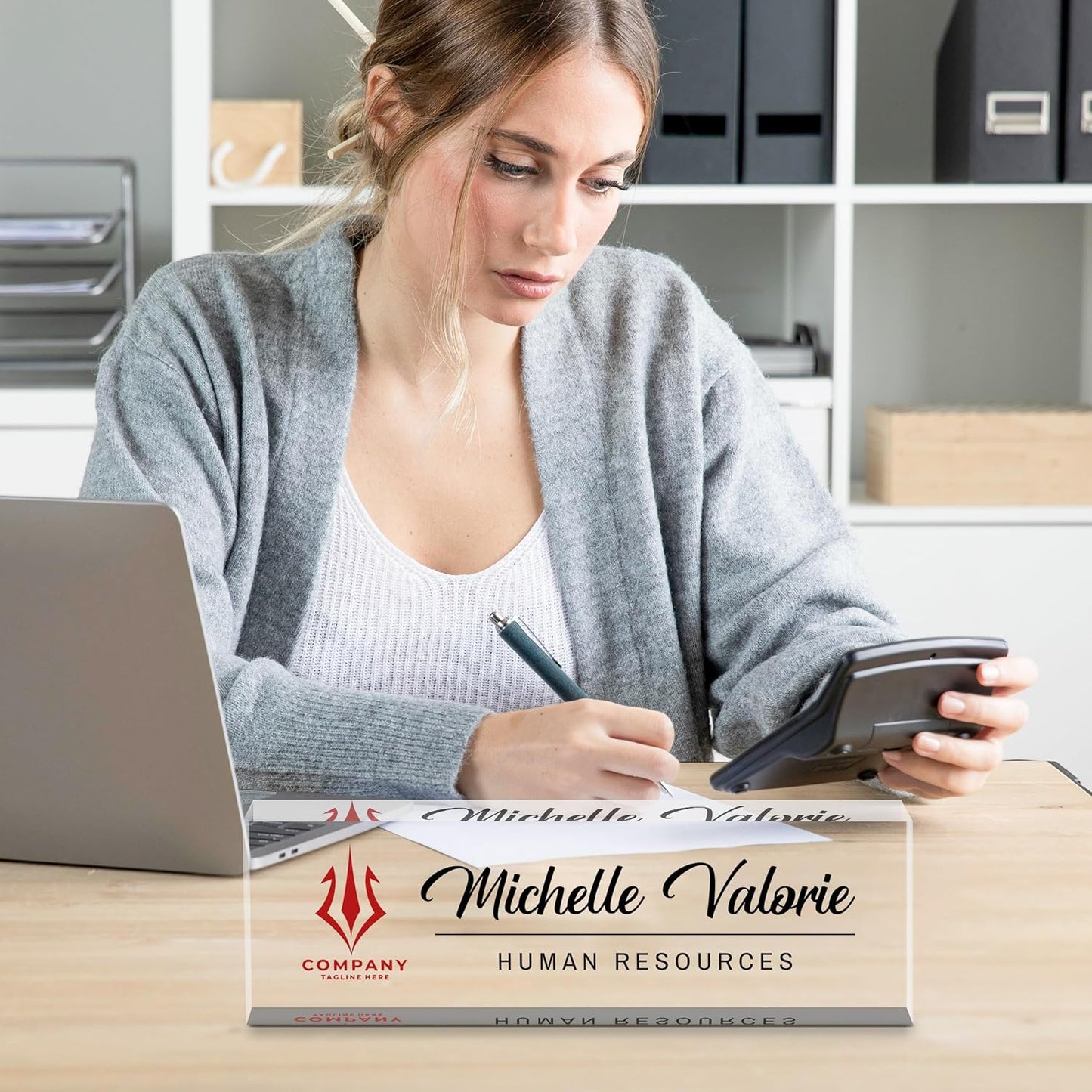 Personalized Name Plate for Desk, Custom Desk Name Plate, Acrylic Name Plate Office Desk Accessories, Personalized Office Gifts for Coworkers Teachers, Employee Appreciation Gifts (B-BusinessLogo2)