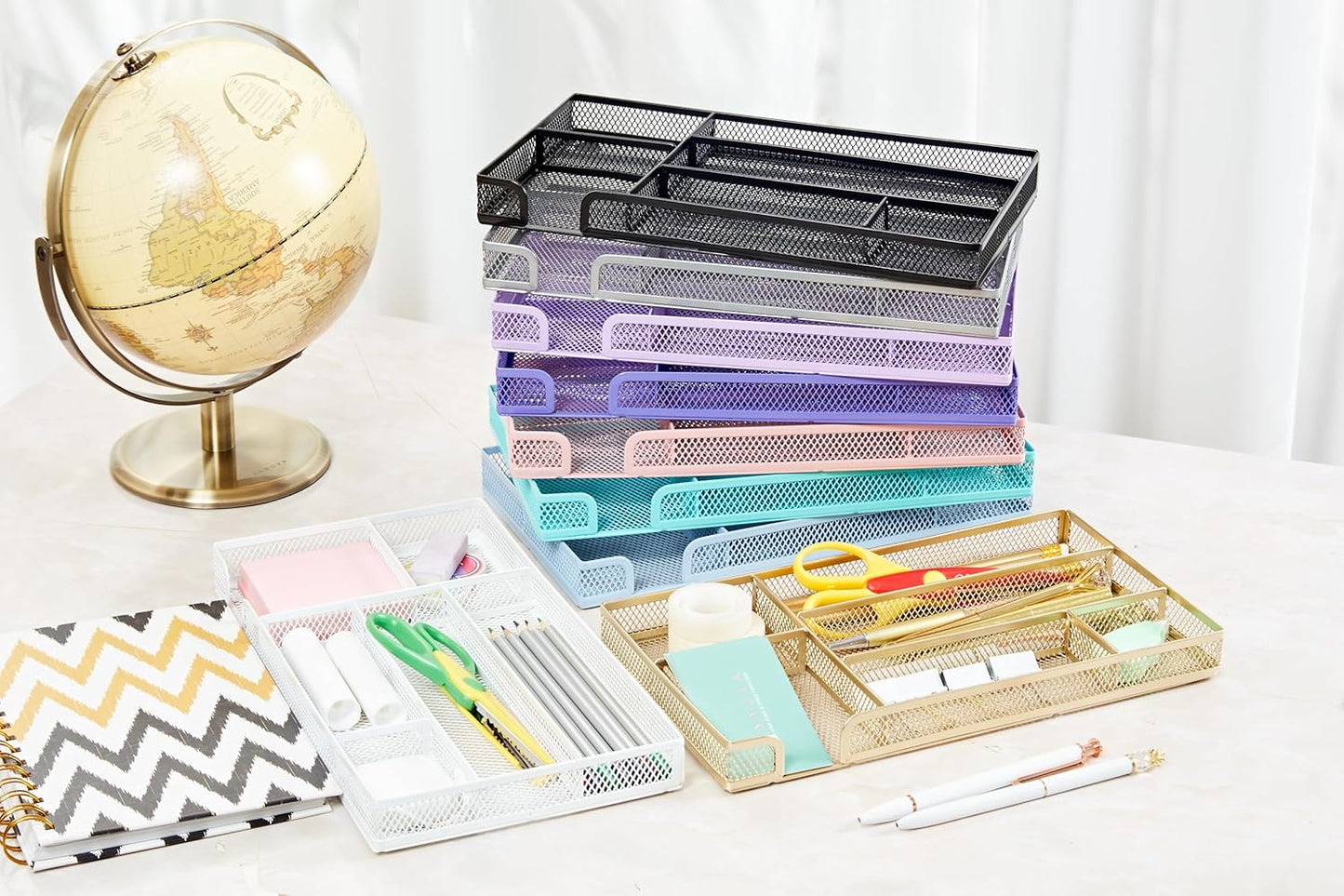 Annova Desk Drawer Organizer Tray for Office Organization - Metal Mesh - Storage Tray with Dividers for Pens, Desktop Accessories, Bathroom, Kitchen, Makeup and Office Supplies (Small, Light Pink)