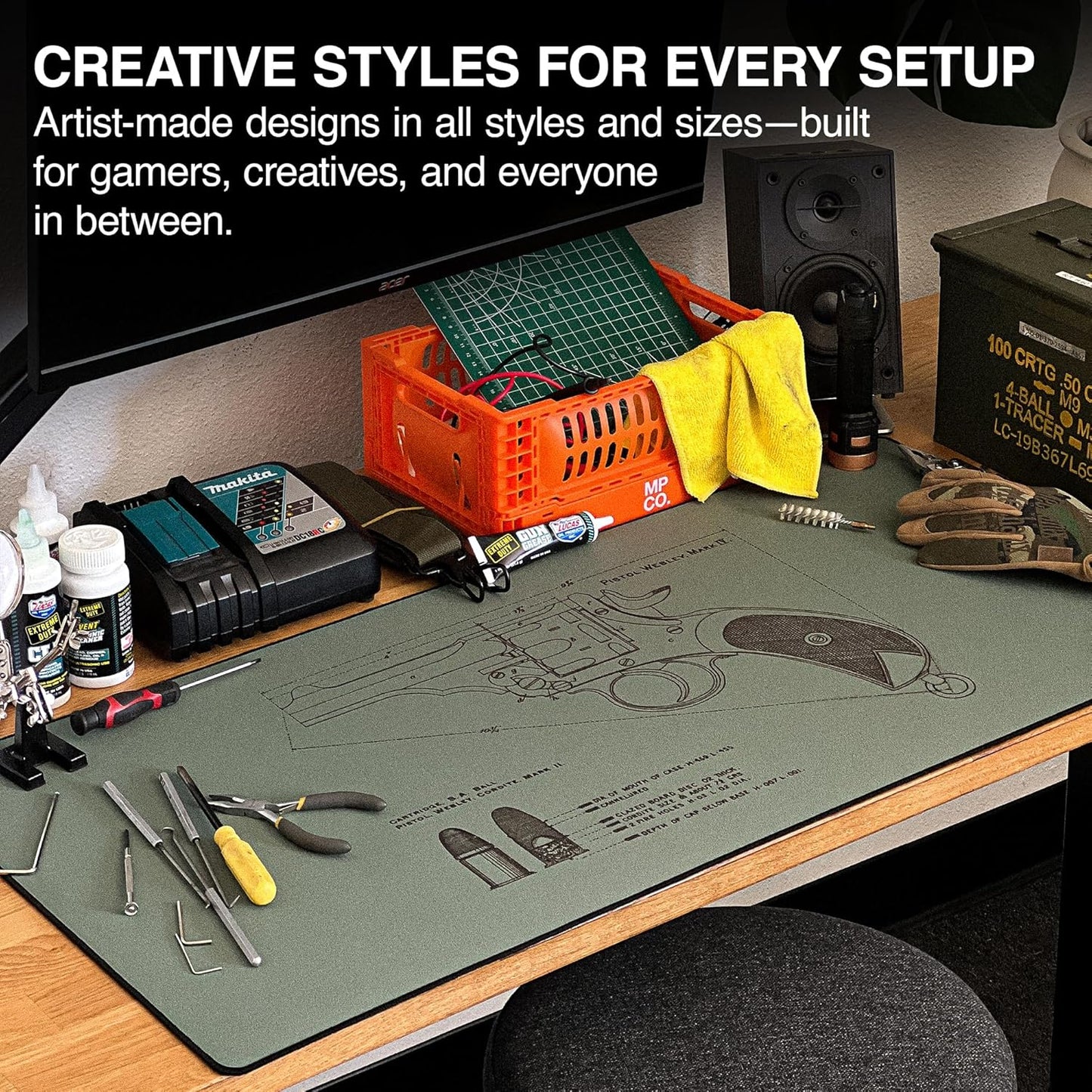 MPCO. Blueprints Large Gaming Desk Pad - 36" x 17" Duraglyde Fabric Pistol Webly Mark IV – Green Desk Mats - Non-Slip, Washable, Smooth Glide for Precision Gaming & Work