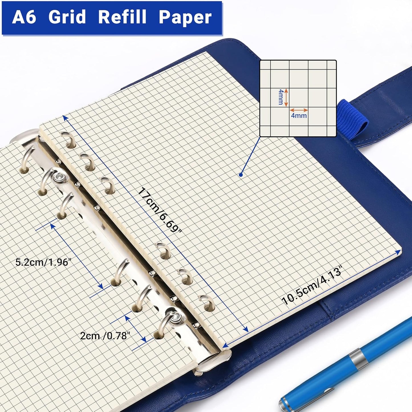 A6 Grid-Ruled Refill Paper, 100gsm Thick Beige No-Bleed Sheets (80-Pack), Pre-Punched – Fits A6 6-Ring Binders for Office, School & Teachers