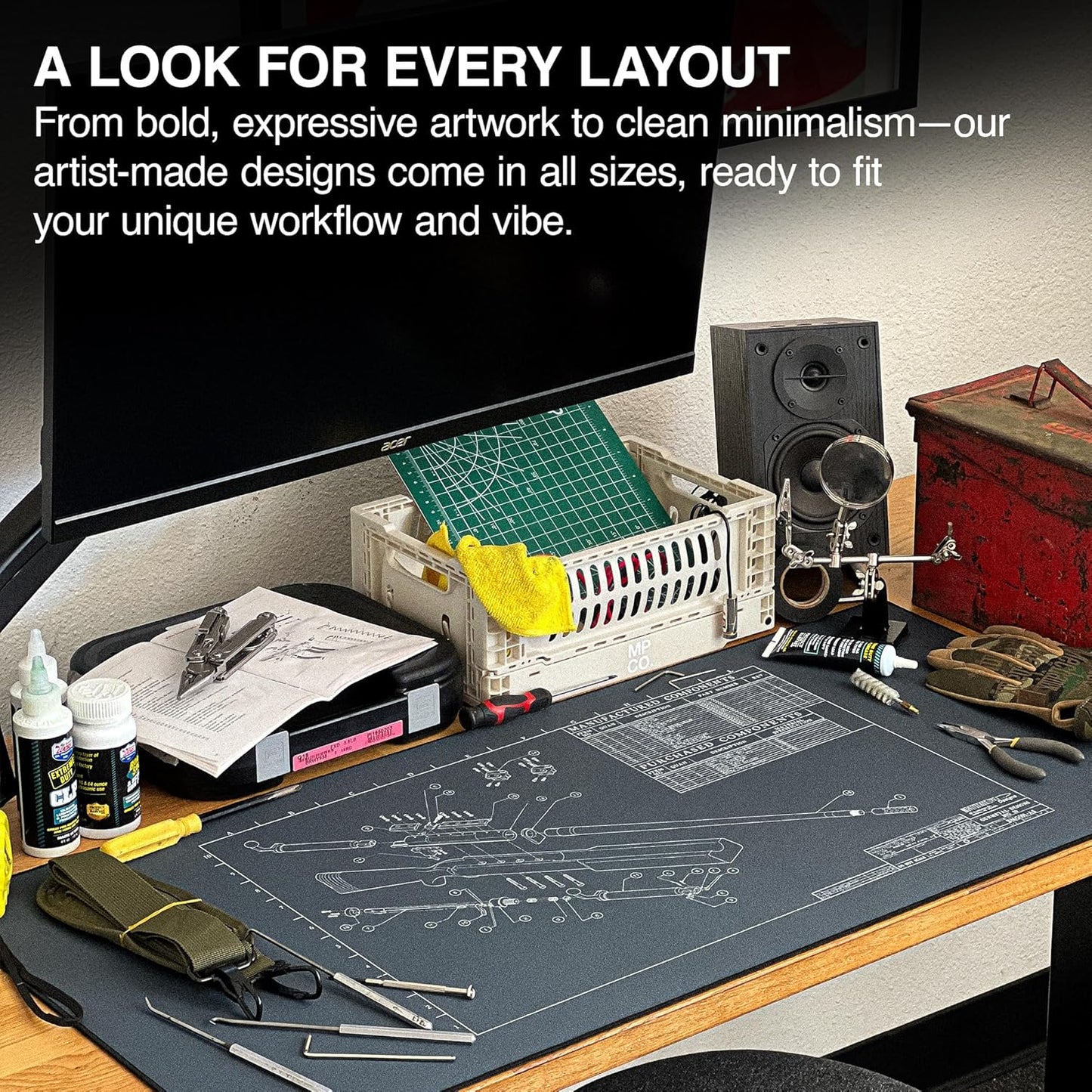 MPCO. Blueprints Large Gaming Desk Pad - 36" x 17" Aeroglyde Fabric Browning 50 Cal – Blue Desk Mats - Non-Slip, Washable, Smooth Glide for Precision Gaming & Work