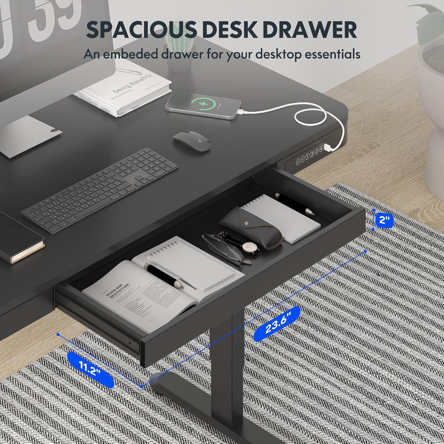 FLEXISPOT Comhar Electric Standing Desk with Drawer Desktop & Adjustable Frame Quick Install w/USB Charge Ports (Black, Wood)
