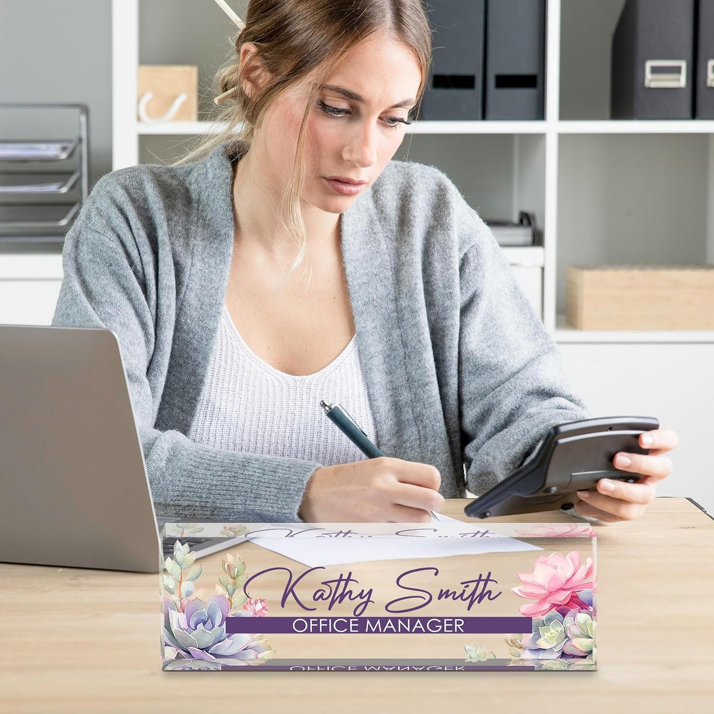 Personalized Name Plate for Desk, Custom Desk Name Plate, Acrylic Name Plate Office Desk Accessories, Personalized Office Gifts for Coworkers Teachers, Employee Appreciation Gifts (A-Blooming)