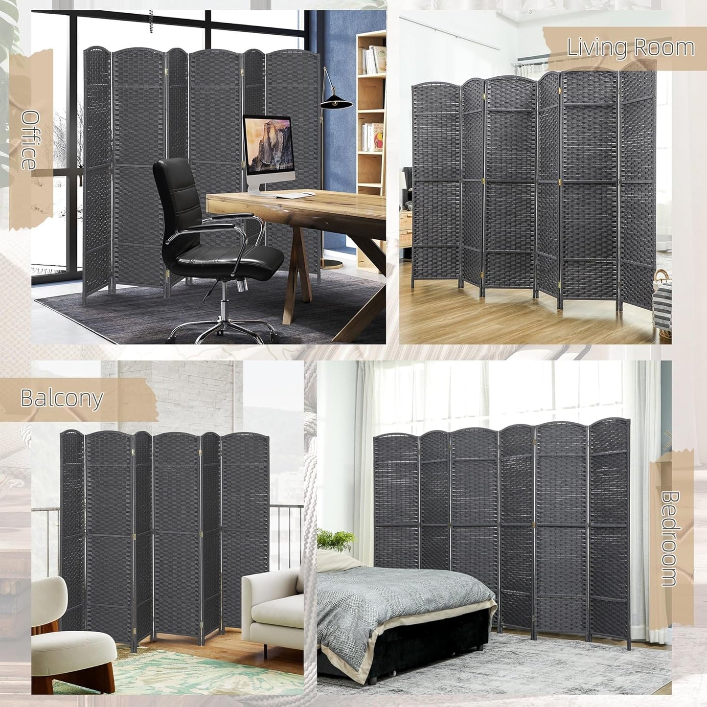 HOMCOM Room Divider, 6 Panel Folding Privacy Screen, 5.6' Tall Freestanding Wall Partition for Home Office, Bedroom, Charcoal Gray