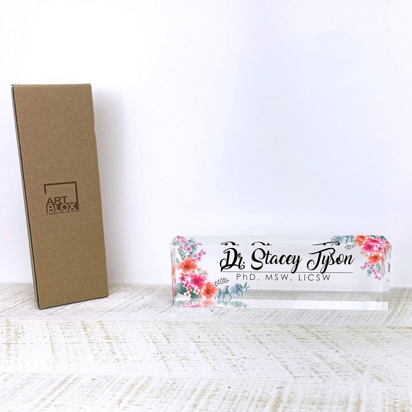 Artblox Office Desk Name Plate Personalized | Custom Name Plates for Desks | Flowers Wild Design On Clear Acrylic Glass | Office Desk Decor - (8" x 2.5")
