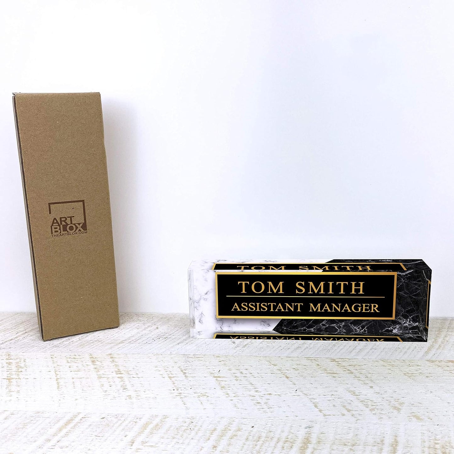 Artblox Office Desk Name Plate Personalized | Black & White Marble Design Printed On Clear Acrylic Glass | Custom Name Plates for Desks | Office Desk Decor - (8" x 2.5")