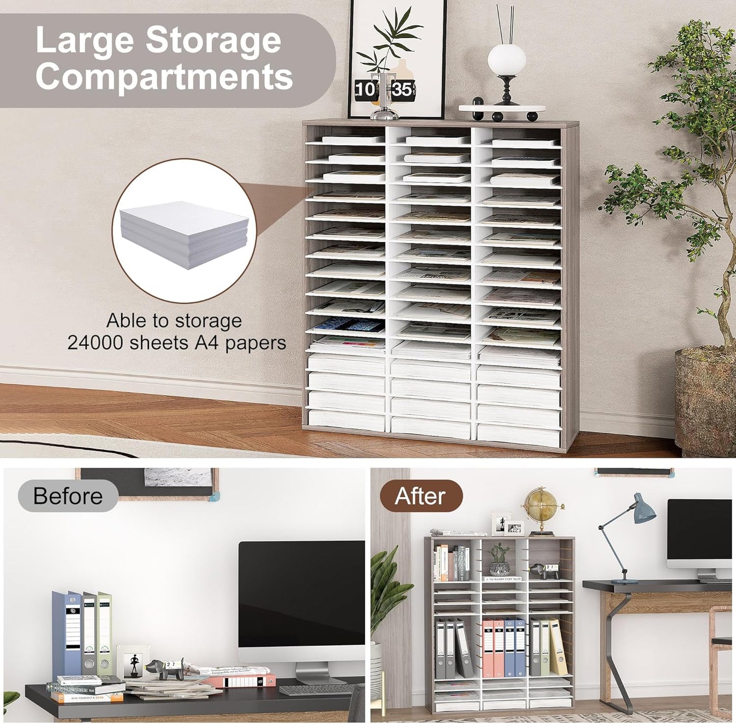 EasyPAG Mail Organizer Countertop, Wood Literature Organizer with Adjustable Shelves, Student Classroom Mailbox for School, Desktop Paper Sorter for Office Home, 48 Compartments, Retro Gray/White