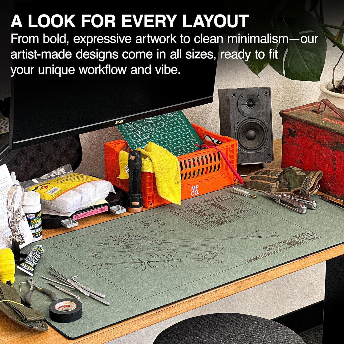 MPCO. Blueprints Large Gaming Desk Pad - 36" x 17" Duraglyde Fabric Browning 50 Cal – Green Desk Mats - Non-Slip, Washable, Smooth Glide for Precision Gaming & Work
