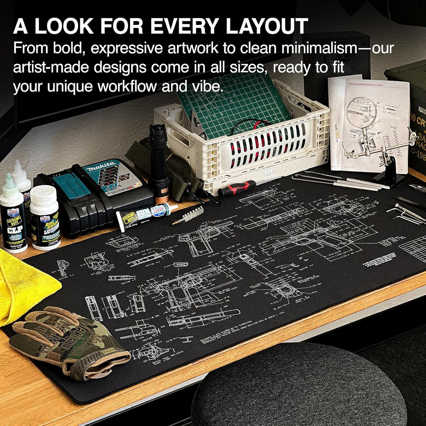 MPCO. Blueprints Large Gaming Desk Pad - 36" x 17" Duraglyde Fabric Browning 1911 – Black Desk Mats - Non-Slip, Washable, Smooth Glide for Precision Gaming & Work
