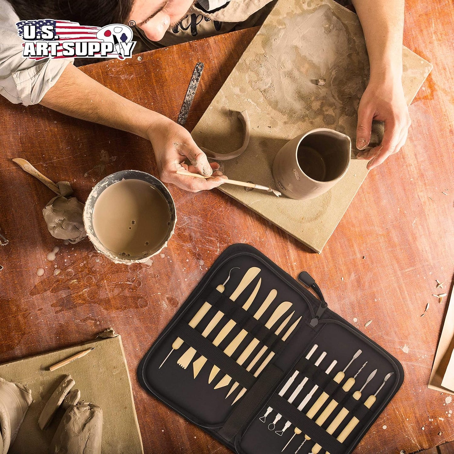 U.S. Art Supply Pottery & Clay Tools Set (14-Piece) - Includes Pottery Tools, Canvas Case for Sculpting, Ceramics, and Easy Storage & Transport