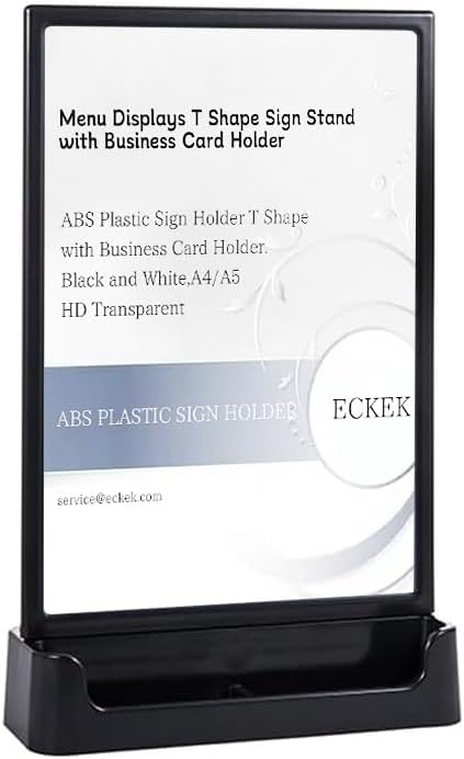 ABS Plastic Sign Holder, Menu Displays T Shape Sign Stand with Business Card Holder, Plastic Display Stand for Ads, Menu, Photos, Business Card (Black A4 210×297mm/8.27×11.69 inches)