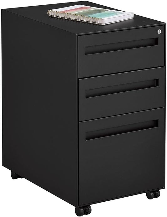 NBF Stahl Office Files Pedestal Cabinet - Three Drawer File Cabinet with Lock - Black Steel Office Filing Cabinets - Modern Mobile File Cabinet Document Storage (20.6" D x 14.7" W x 26.24" H)