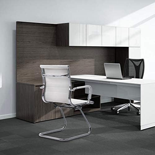 White Office Desk Chair No Wheels Set of 6 PU Leather Computer Chairs Mid Back Guest Chairs for School Reception Conference Waiting Room, White