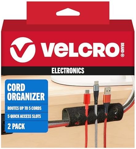 VELCRO Brand Cord Organizer for Desk Cable Management, Nightstand Organization, Unique Dual Function Cable Sleeve Cord Keepers Combo, Holds Wires for Easy Access, Route to Hide, Medium 2pk Black
