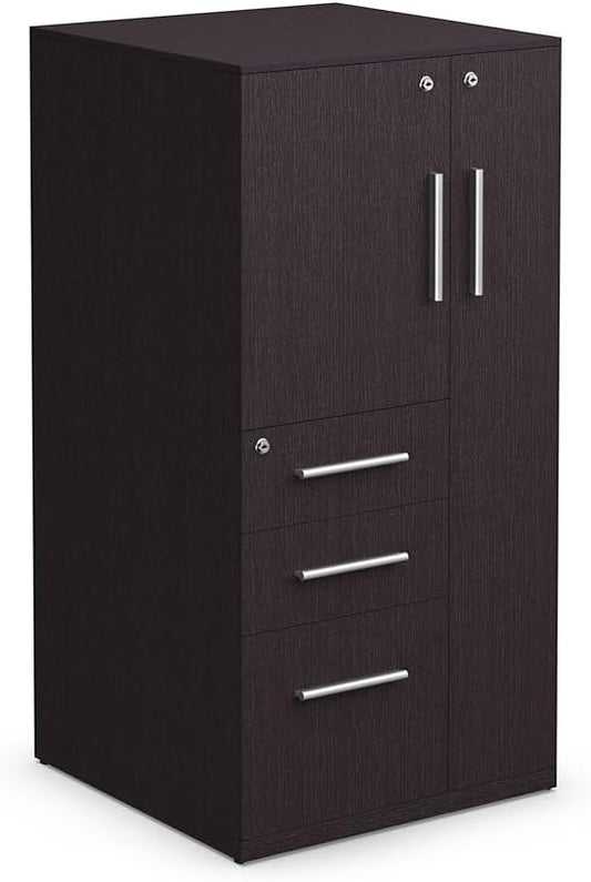 NBF at Work Wardrobe Office Storage Cabinet - Espresso Laminate Storage Cabinet with Lockable Door -Display Cabinet with 3 Lockable Drawers (48" H x 24" W x 24" D, Brown)