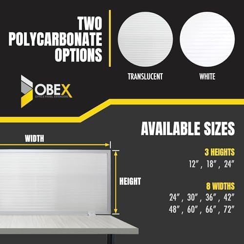 OBEX Polycarbonate Office Desk Mounted Privacy Screen Adjustable Table Top Panel Divider, Universal Aluminum Bracket-USA Made, 18" x 36", Translucent