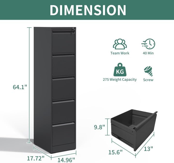 5 Drawer File Cabinet, Metal Vertical Filing Cabinets for Home Office, Steel Storage Cabinet for Hanging Legal/Letter Size Files, Assembly Required (Black)