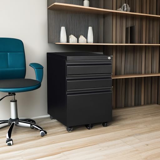 Mobile File Cabinet with Lock, 3 Drawer File Cabinet for Home Office, Rolling File Cabinet, Under Desk Locking Filing Cabinet on Wheels for Legal/Letter/A4 File, Fully Assembled, Black