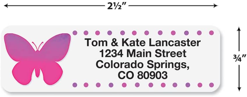 Watercolor Butterflies Rolled Personalized Return Address Mailing Labels with Dispenser, Set of 500, 5 Designs, Small ¾ x 2½ Inch Size, Custom Self-Adhesive Sticker Roll, by Colorful Images