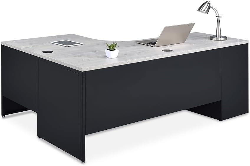 nbf signature series L Shaped Computer Desk with 3-Drawer Pedestal and Right Return Ergonomic Office Desk 72" Wx48 D Gray Wash Maple for Corner Working PC Desk