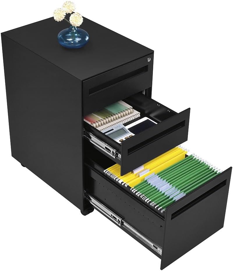 NBF Stahl Office Files Pedestal Cabinet - Three Drawer File Cabinet with Lock - Black Steel Office Filing Cabinets - Modern Mobile File Cabinet Document Storage (20.6" D x 14.7" W x 26.24" H)
