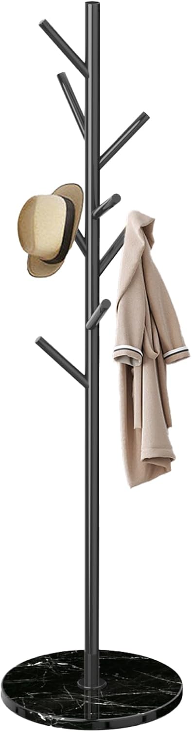 Coat Rack with Natural Marble Base, Metal Freestanding Coat Racks, Heavy Duty Coat Rack Stand with 8 Hooks for Hanging Scarf, Bag, Jacket, Black Coat Hall Tree Hanger Holder Stand
