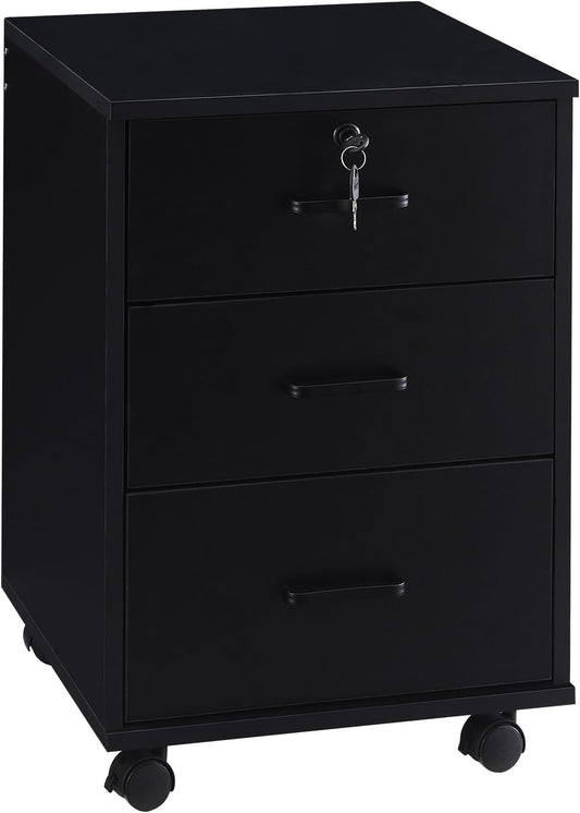 TUKAILAi Mobile File Cabinet with 3 Drawers, Lockable Storage Unit Wooden Rolling Office Filing Cabinet with Wheels, for Legal/Letter/A4 Sized Documents Home Office (Black 1PCS)