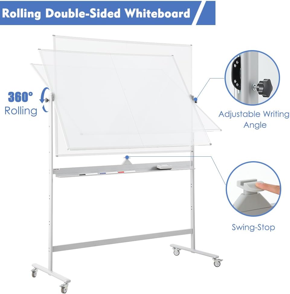 FORTUNO Large Magnetic Mobile Whiteboard 96"x48", Rolling Double Sided Stand Whiteboard on Wheels, Reversible Adjustable Height/Angle Dry Erase Board 8' x 4' Easel White Board for Office Classroom