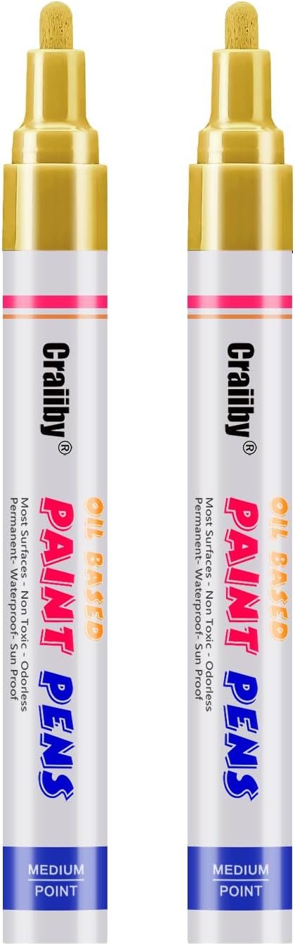 Gold Paint Markers, 2 Pack Oil-Based Waterproof Quick Dry Permanent Paint Pen Set for Rocks Painting, Wood, Fabric, Plastic, Canvas, Glass, Mugs, Metal, Tire, Stone, DIY Craft
