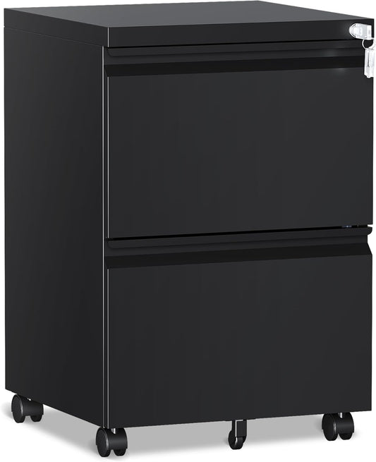 2 Drawer File Cabinet，Mobile Filing Cabinet with Lock and Wheels，Un-Assembled Metal Under Desk File Cabinets for A4/Letter/Legal Size（Black