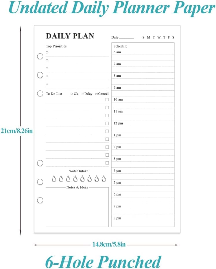 6-Hole Punched To Do List Insert - Undated Daily Planner Refill for A5 Binder,100 Sheets/200 Pages Planner and Lined Refill, 100 gsm White Paper, 5.8'' x 8.3''