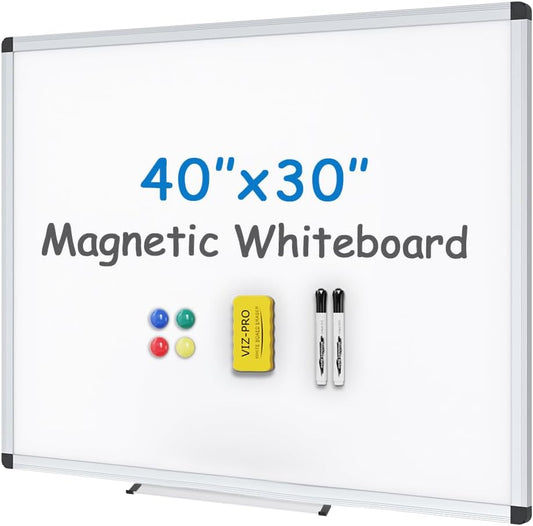 VIZ-PRO Magnetic Whiteboard/Dry Erase Board, 40 X 30 Inches, Includes 1 Eraser & 2 Markers & 4 Magnets