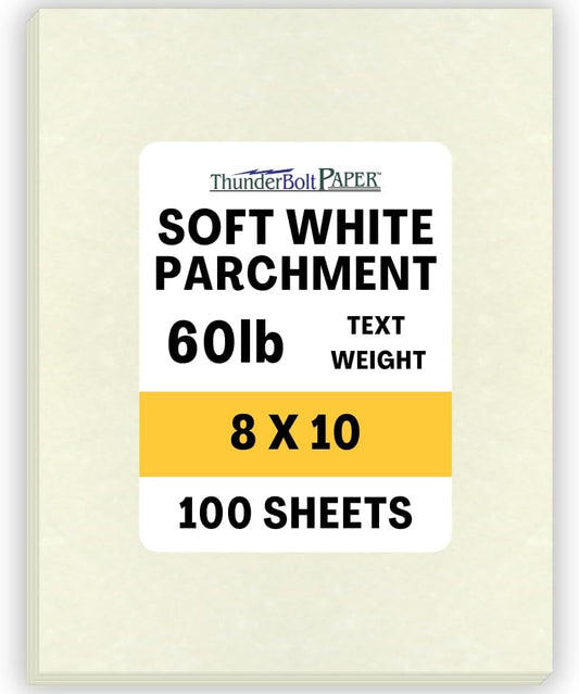 100 Soft White Parchment 60# Text (=24# Bond) Paper Sheets - 8 X 10 Inches Frame and Photo Size Size - 60 Pound is Not Card Weight - Vintage Colored Old Parchment Semblance