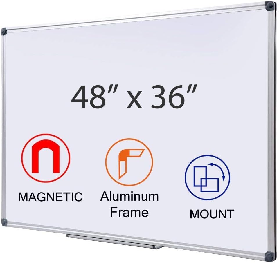48" x 36" Magnetic Whiteboard for Wall Mount | Large Dry Erase Board with Aluminum Frame & Pen Tray | Office, Classroom, Home Use | Durable White Board for Presentations, Messages, Planning