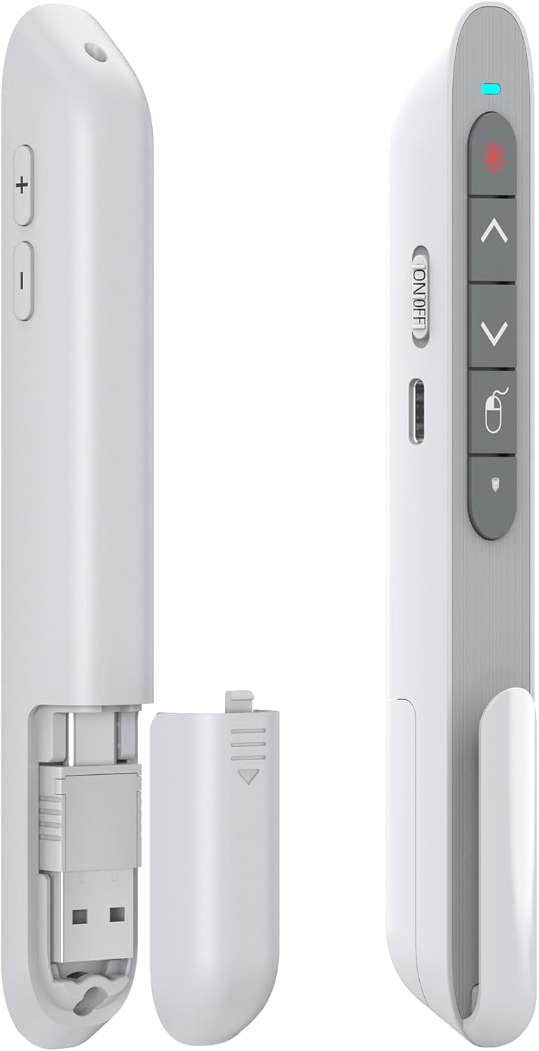 DINOSTRIKE White Presentation Clicker with Air Mouse Control, USB Type C Wireless Presenter Remote Clicker for Powerpoints Slide RF 2.4GZ Slide Advancer for Computer Laptop Mac